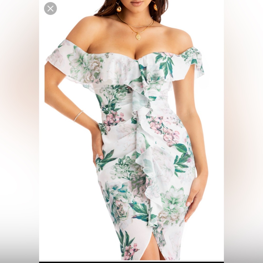 Miss Lola Strapless Floral Dress - White and Green